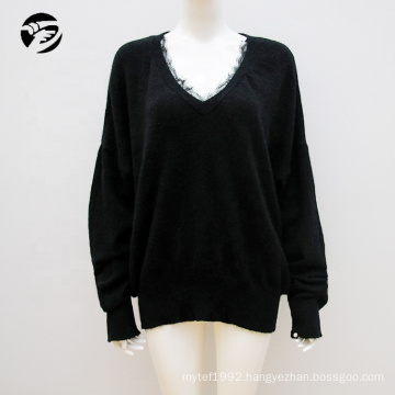 V Neck Lace  black Women cable knit sweaters pullover long sleeve lana women's wool sweater